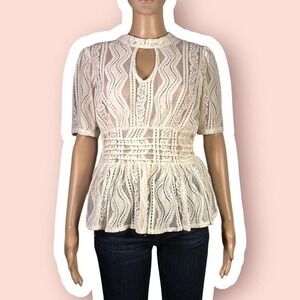Coco + Jaimeson Beige Keyhole Neck Lace Peplum Top Size Medium - "Shirley"
